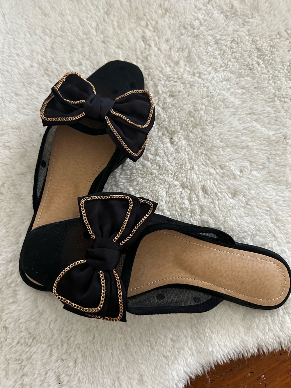 Black Bow Slide Flats with Gold Chain Trim
